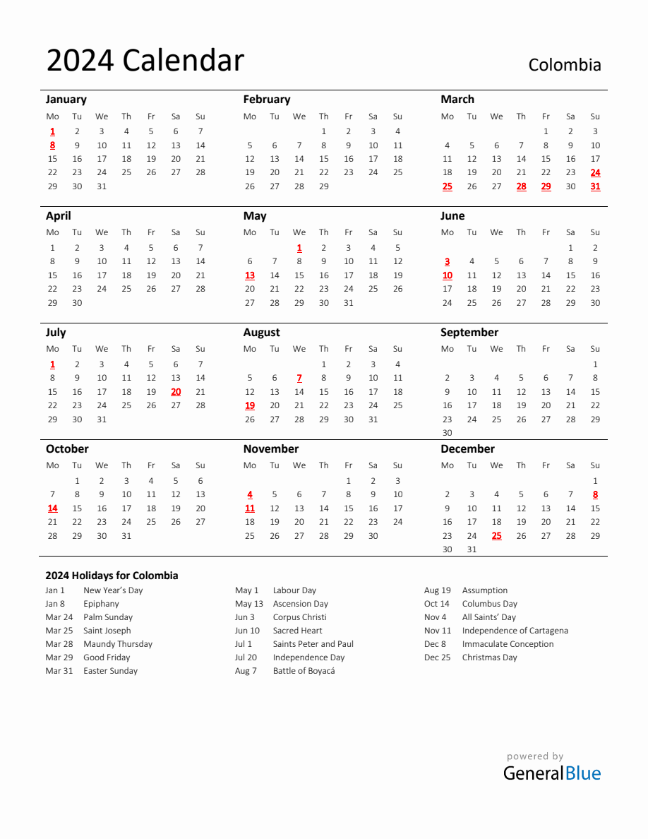 Standard Holiday Calendar for 2024 with Colombia Holidays