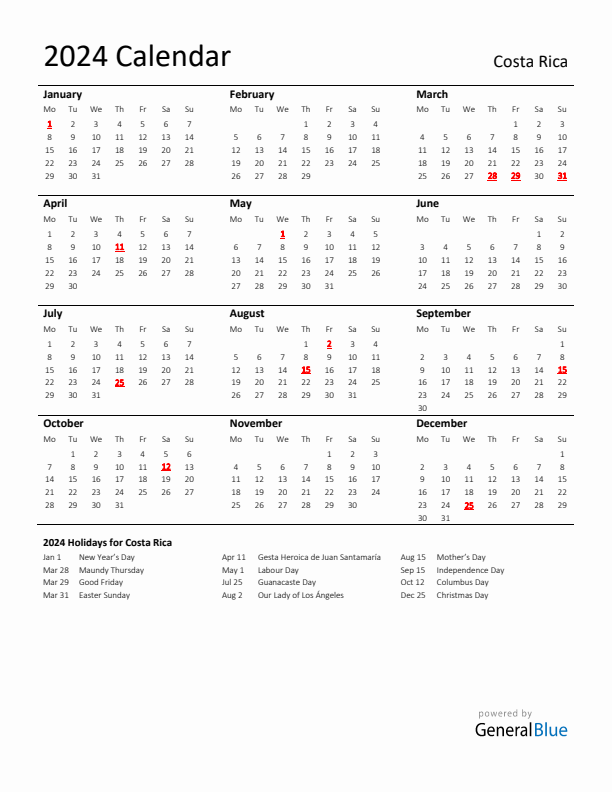 Standard Holiday Calendar for 2024 with Costa Rica Holidays 