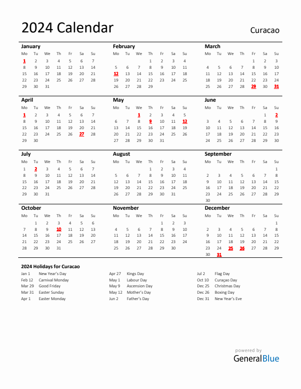 Standard Holiday Calendar for 2024 with Curacao Holidays 