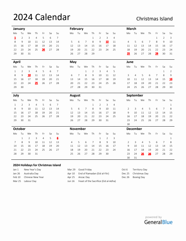 Standard Holiday Calendar for 2024 with Christmas Island Holidays 