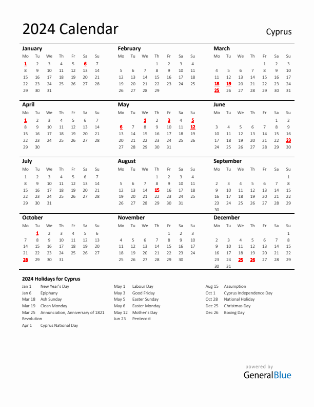 Standard Holiday Calendar for 2024 with Cyprus Holidays 