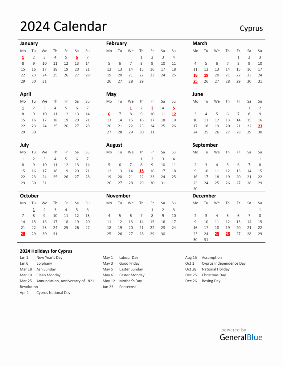 Standard Holiday Calendar for 2024 with Cyprus Holidays