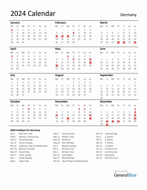 Standard Holiday Calendar for 2024 with Germany Holidays 