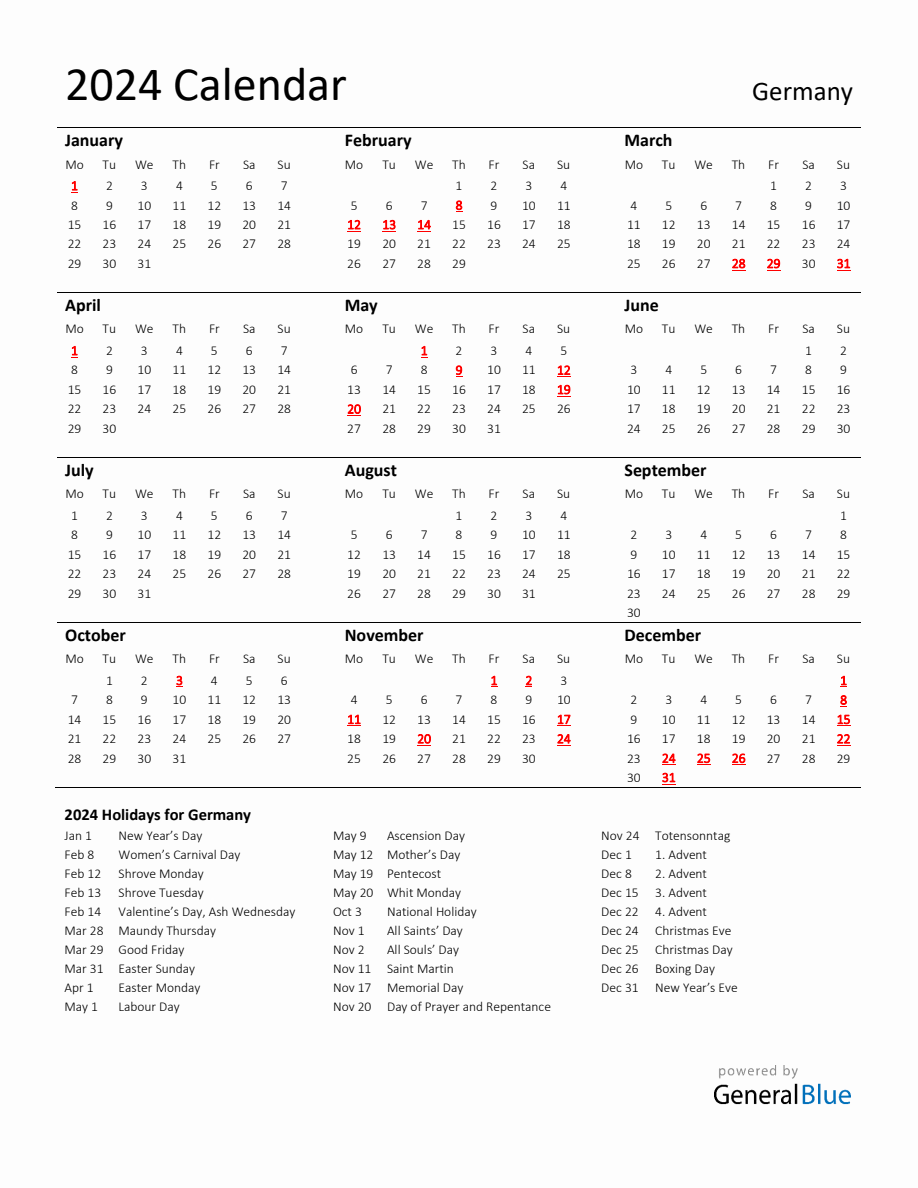 Standard Holiday Calendar for 2024 with Germany Holidays