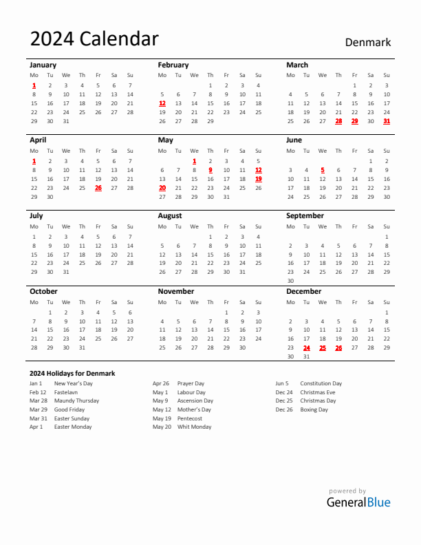 Standard Holiday Calendar for 2024 with Denmark Holidays 