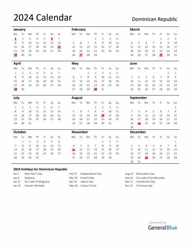 Standard Holiday Calendar for 2024 with Dominican Republic Holidays 