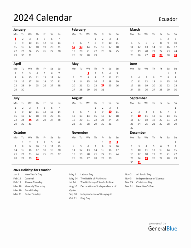 Standard Holiday Calendar for 2024 with Ecuador Holidays 