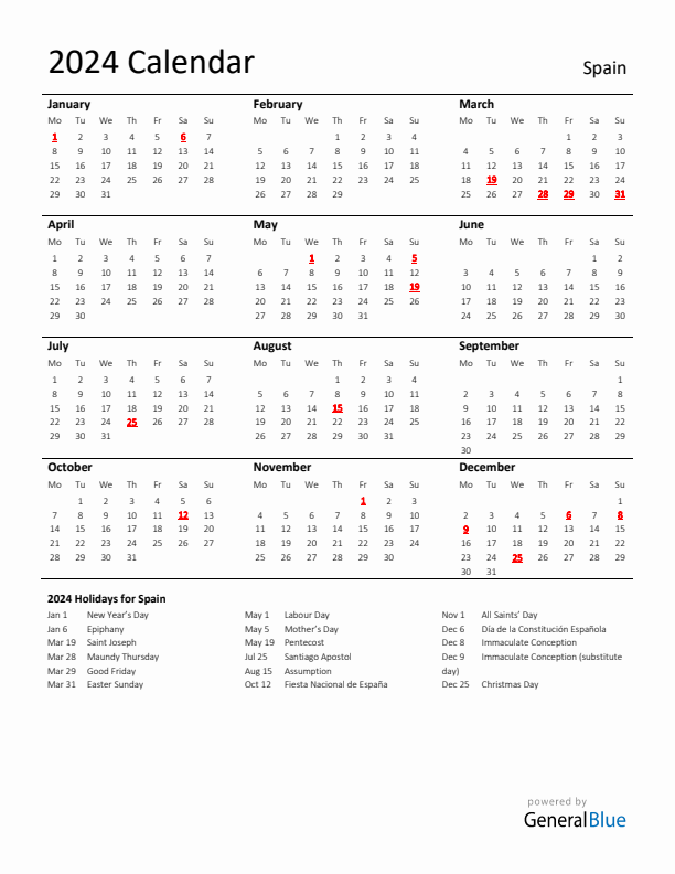 Standard Holiday Calendar for 2024 with Spain Holidays 