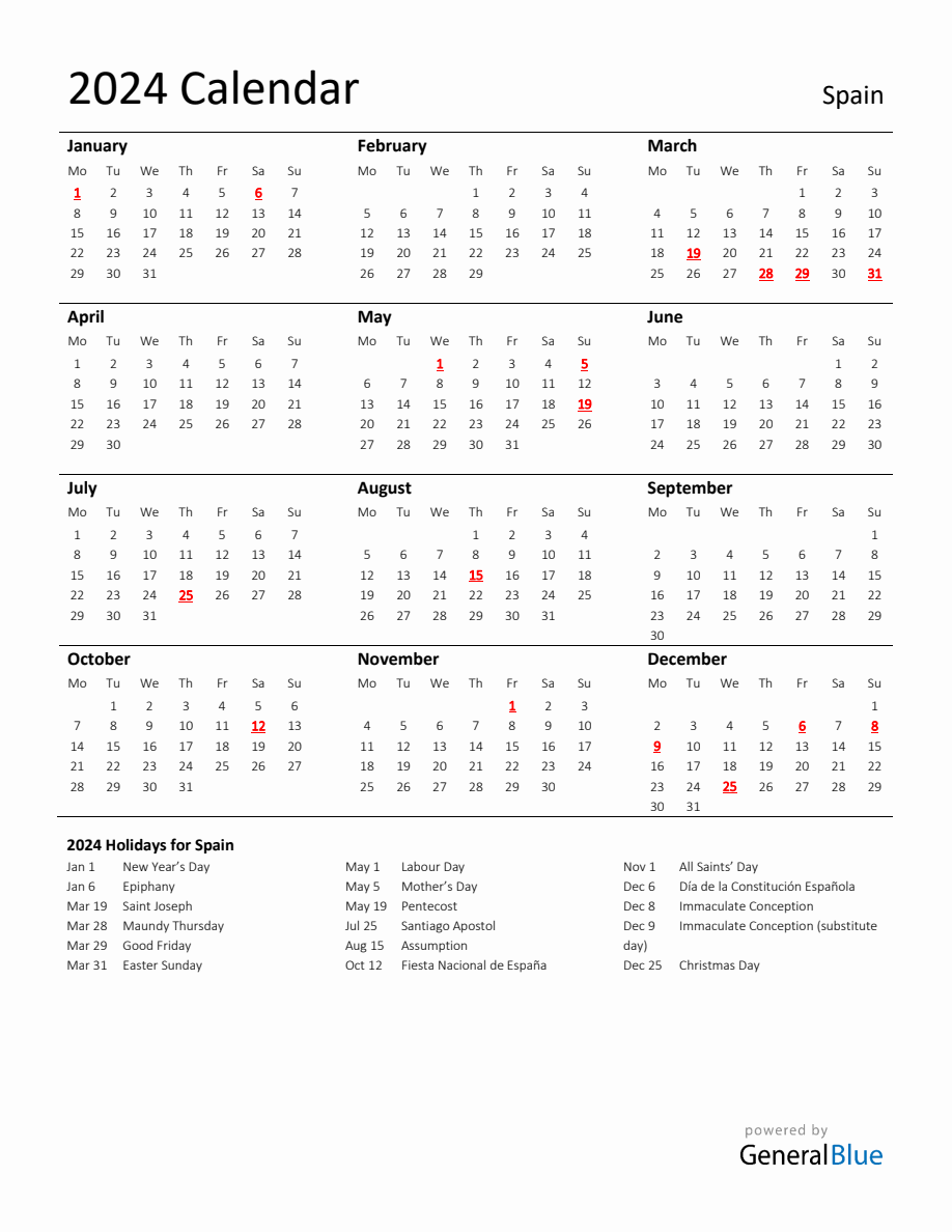 Standard Holiday Calendar for 2024 with Spain Holidays