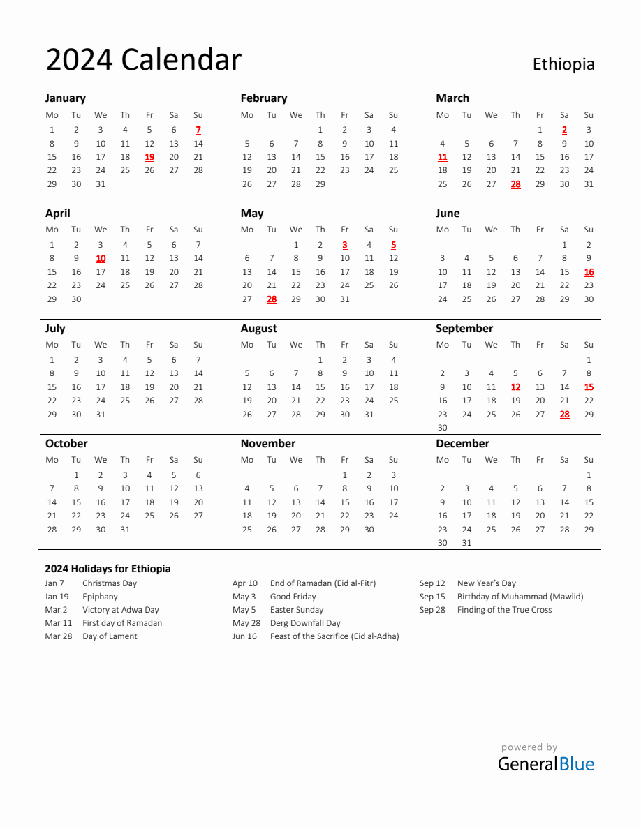 Standard Holiday Calendar For 2024 With Ethiopia Holidays