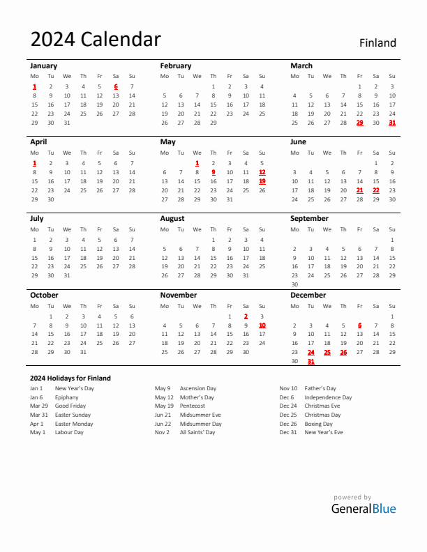 Standard Holiday Calendar for 2024 with Finland Holidays 