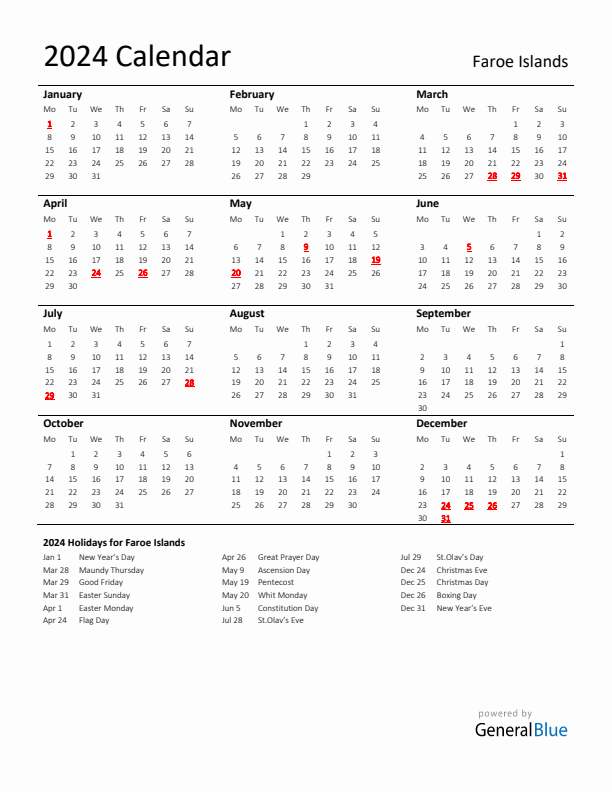 Standard Holiday Calendar for 2024 with Faroe Islands Holidays 