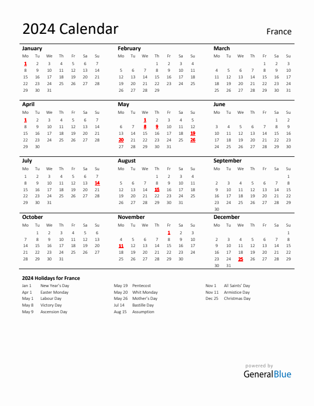 Standard Holiday Calendar for 2024 with France Holidays 
