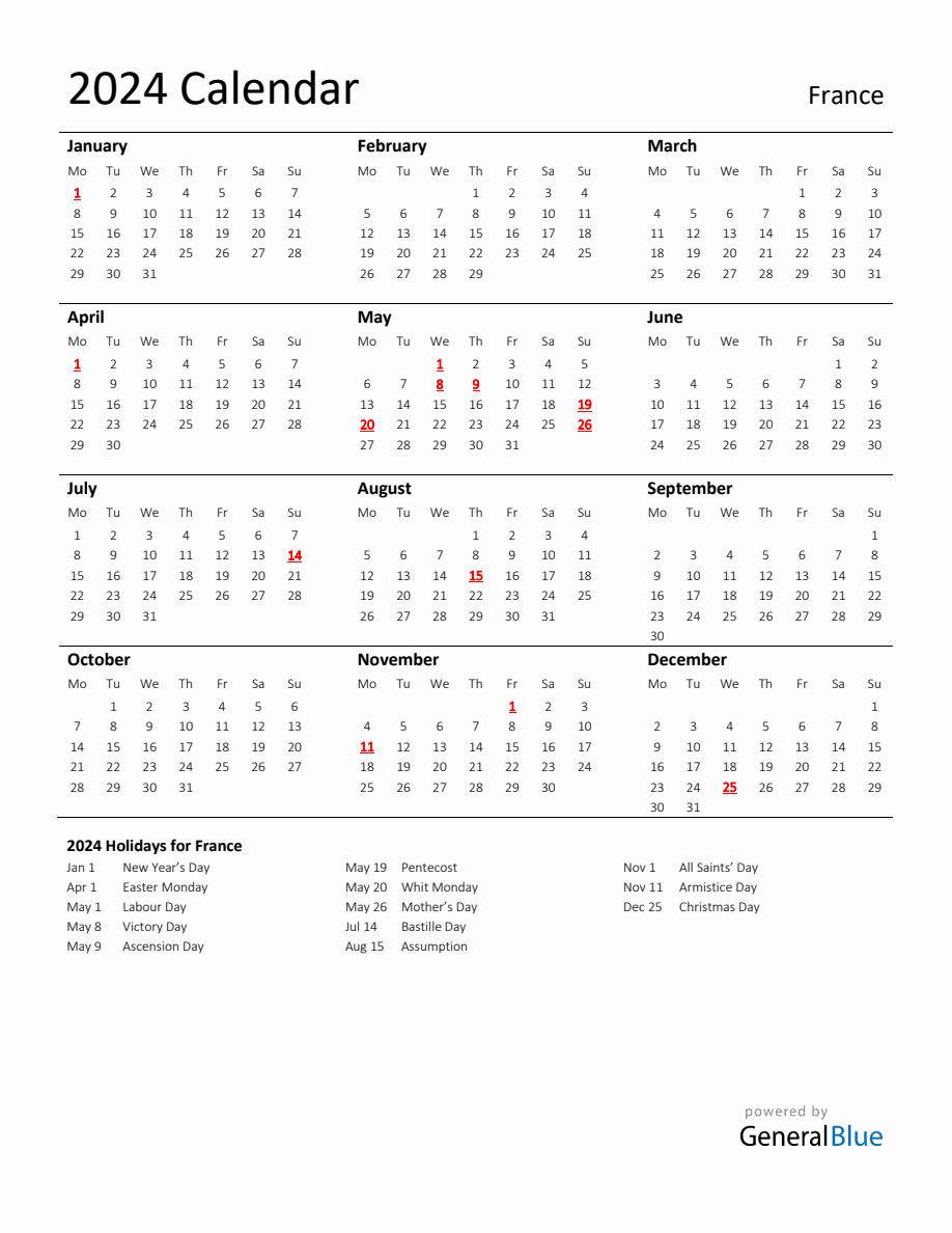 Standard Holiday Calendar for 2025 with France Holidays