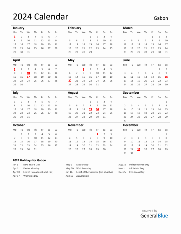Standard Holiday Calendar for 2024 with Gabon Holidays 