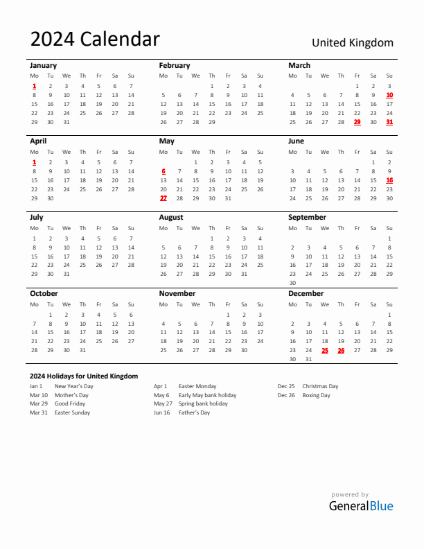 Standard Holiday Calendar for 2024 with United Kingdom Holidays