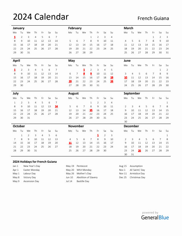 Standard Holiday Calendar for 2024 with French Guiana Holidays 