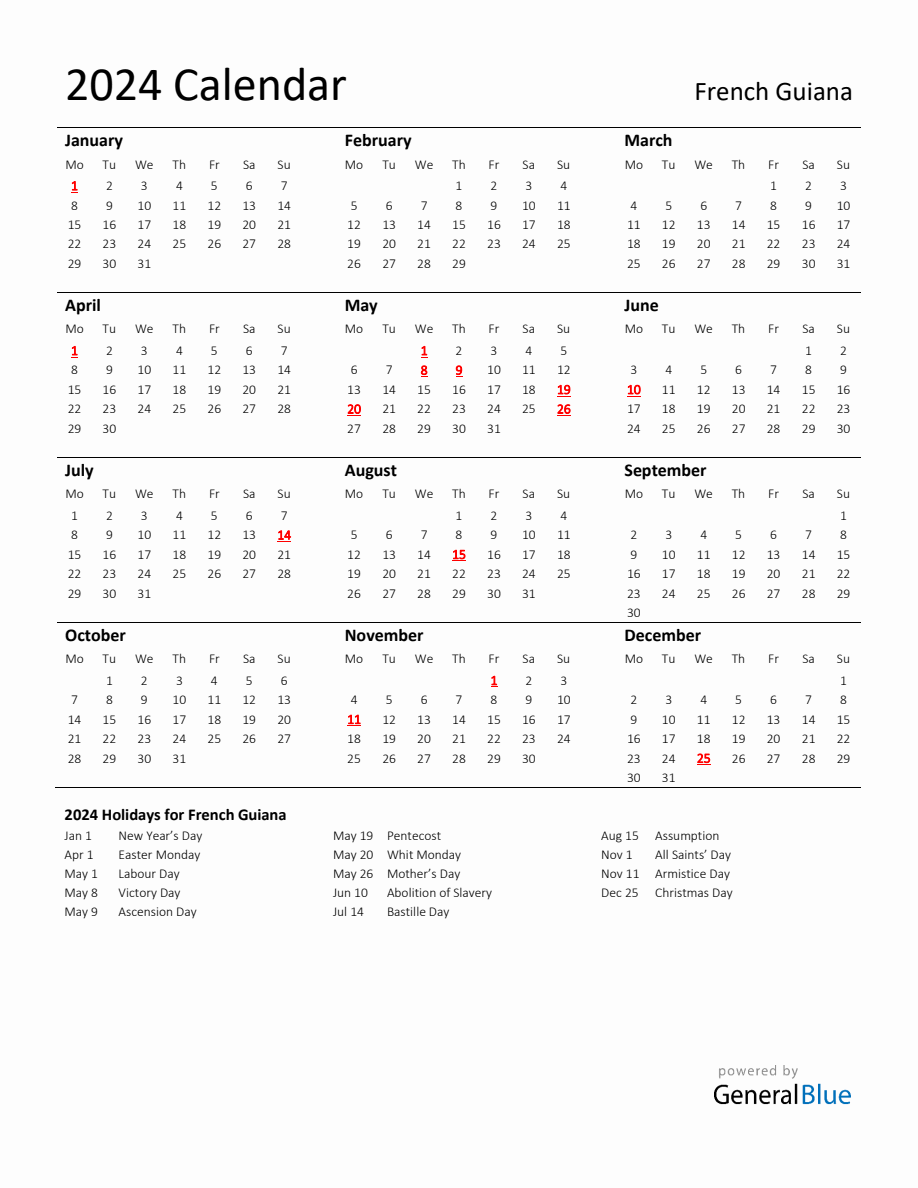 Standard Holiday Calendar for 2024 with French Guiana Holidays