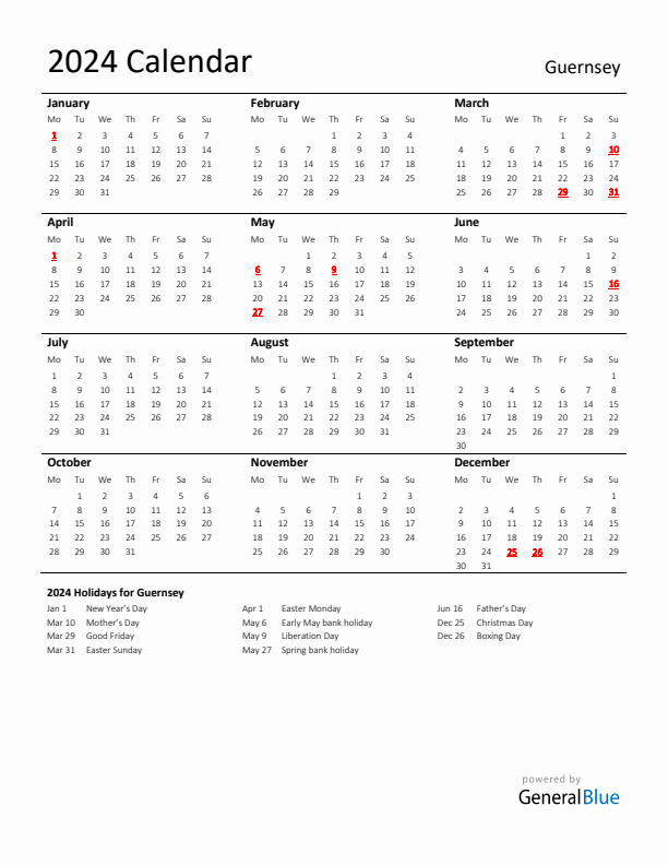 Standard Holiday Calendar for 2024 with Guernsey Holidays 