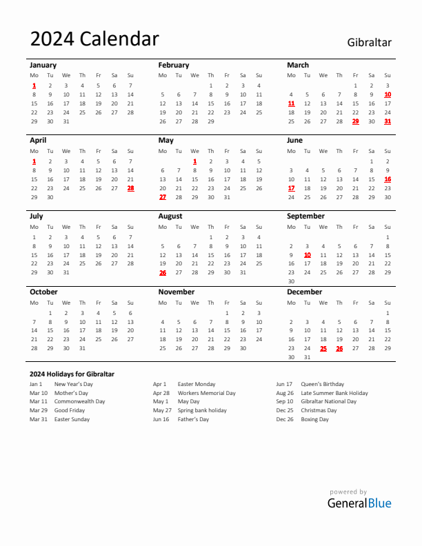 Standard Holiday Calendar for 2024 with Gibraltar Holidays 