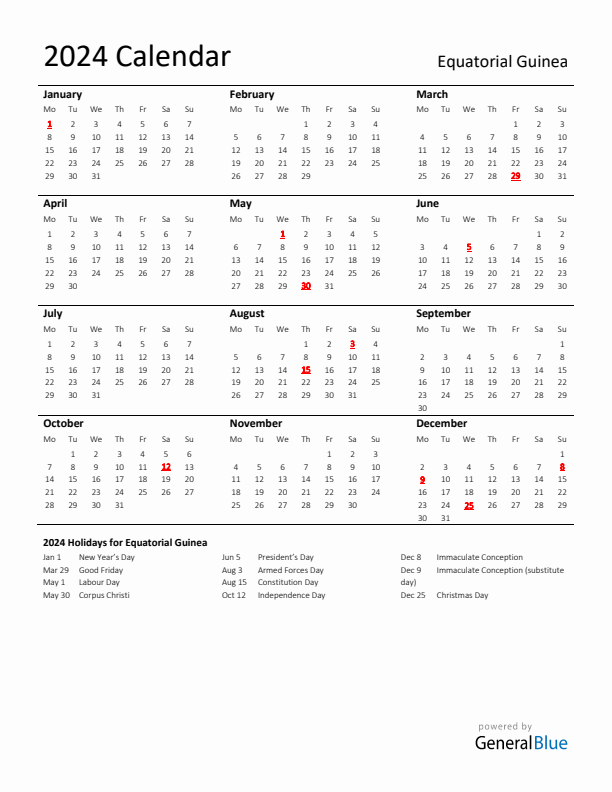 Standard Holiday Calendar for 2024 with Equatorial Guinea Holidays 