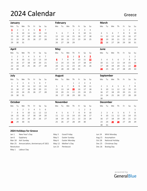 Standard Holiday Calendar for 2024 with Greece Holidays 