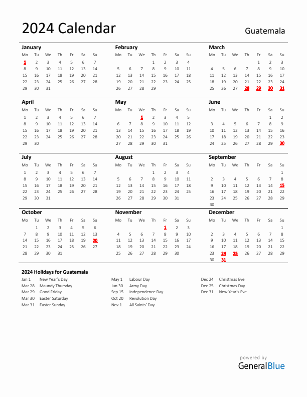 Standard Holiday Calendar for 2024 with Guatemala Holidays 
