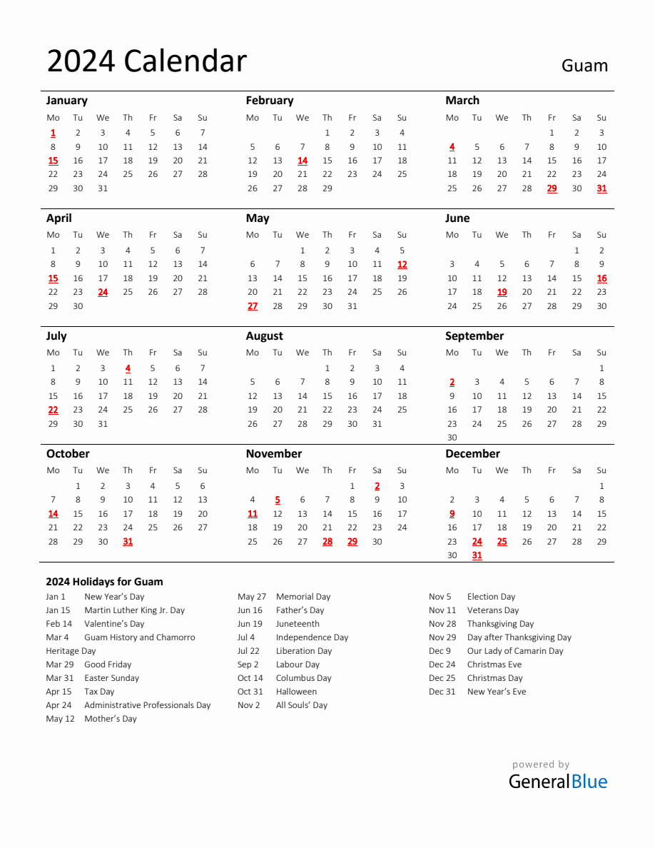 Standard Holiday Calendar for 2024 with Guam Holidays