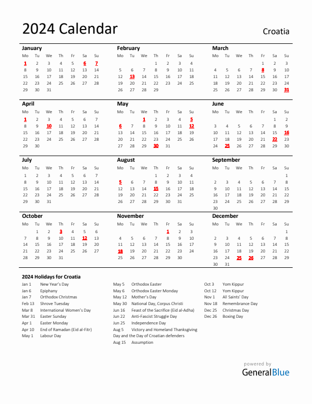 Standard Holiday Calendar for 2024 with Croatia Holidays 