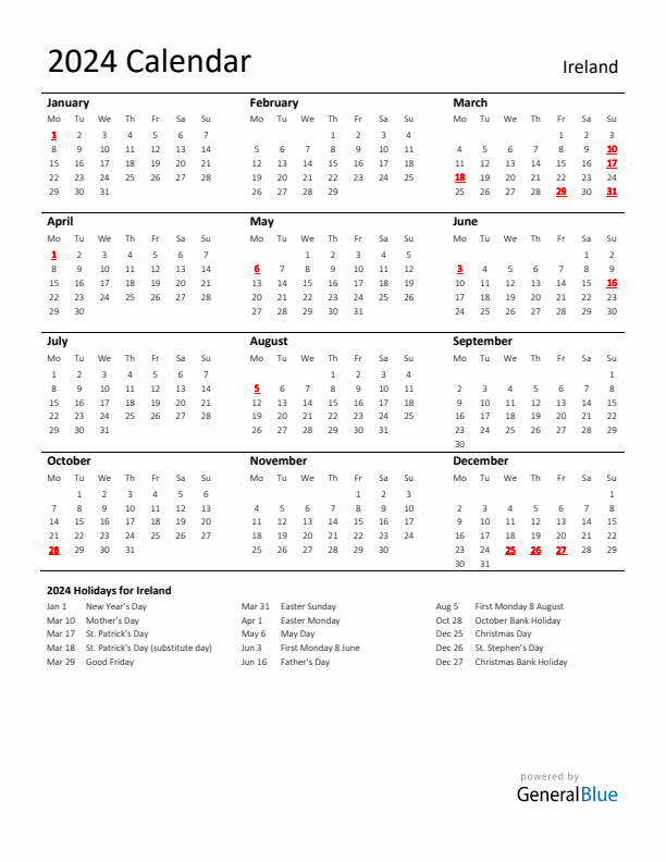 Standard Holiday Calendar for 2024 with Ireland Holidays 