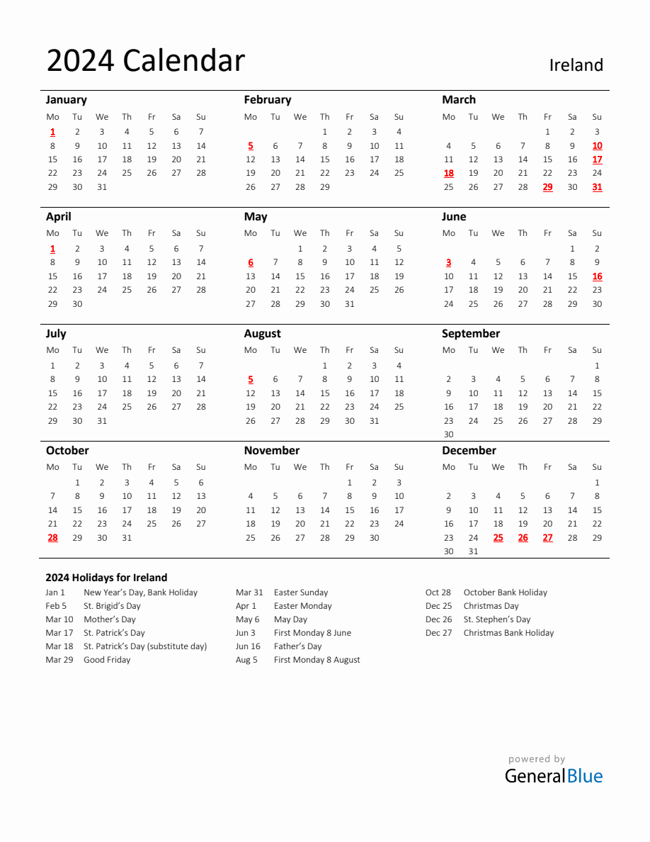 Standard Holiday Calendar for 2024 with Ireland Holidays