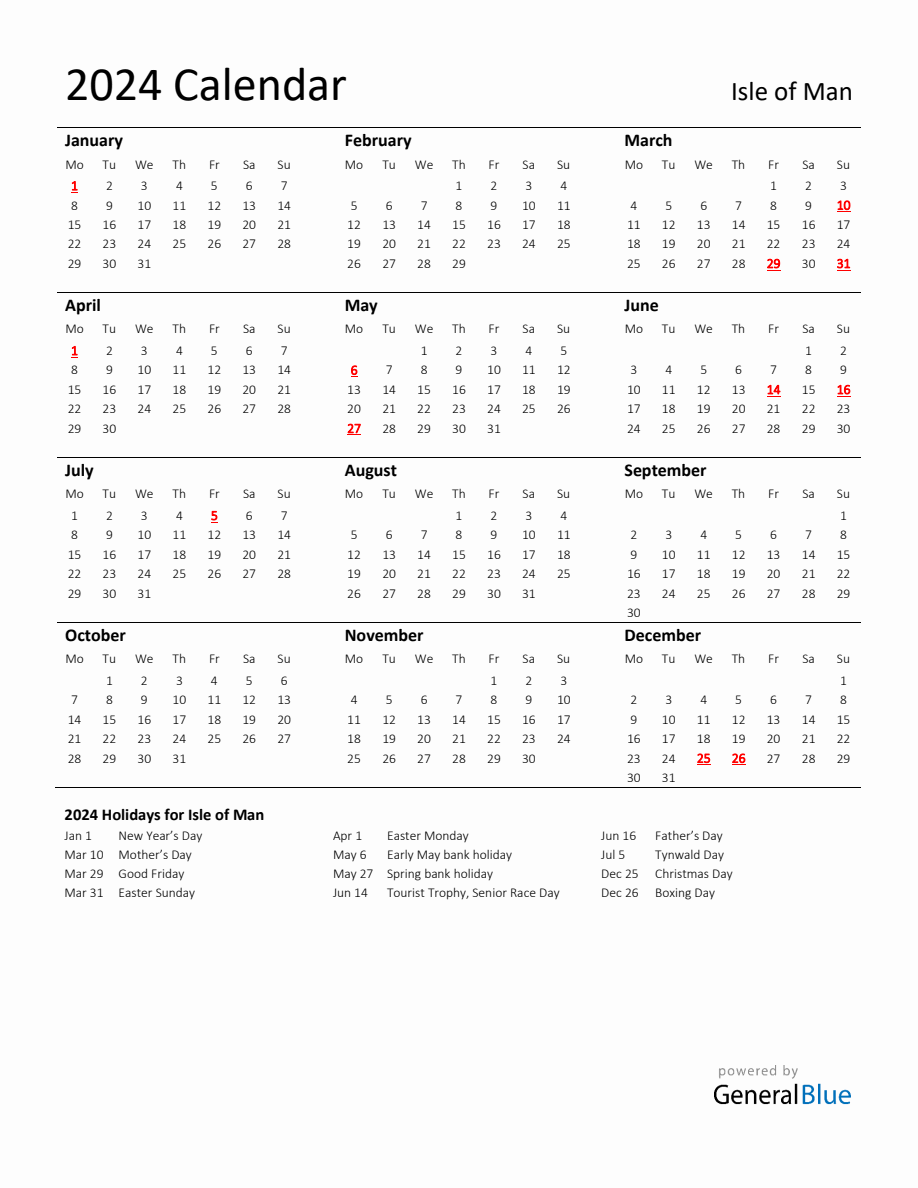 Standard Holiday Calendar For 2024 With Isle Of Man Holidays