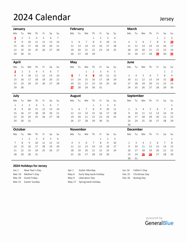 Standard Holiday Calendar for 2024 with Jersey Holidays 