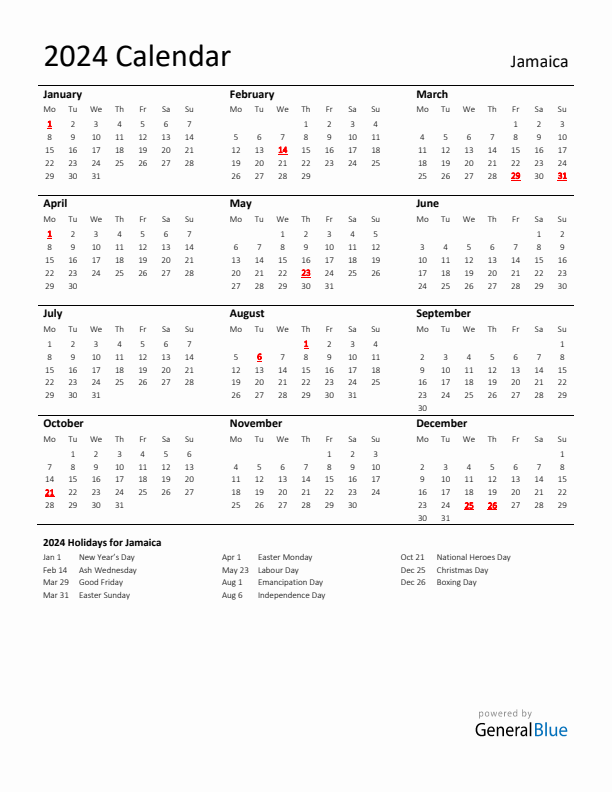 Standard Holiday Calendar for 2024 with Jamaica Holidays 