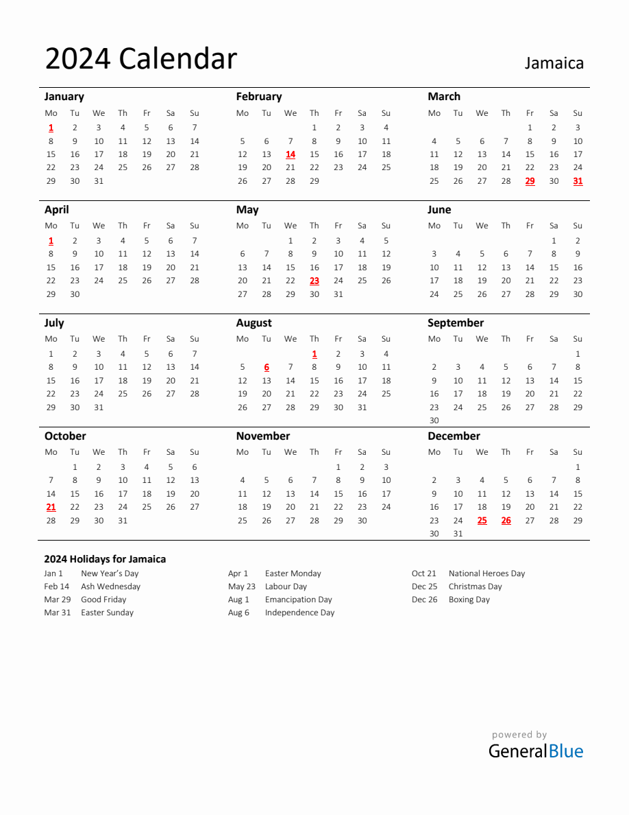 Standard Holiday Calendar for 2024 with Jamaica Holidays