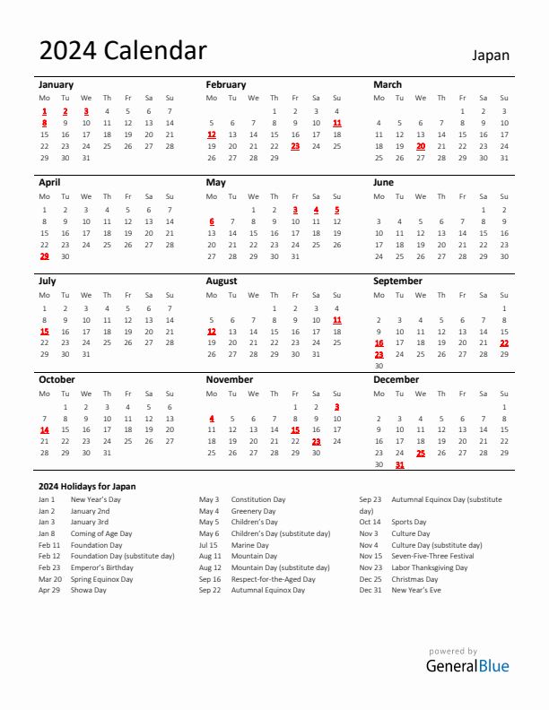 Standard Holiday Calendar for 2024 with Japan Holidays