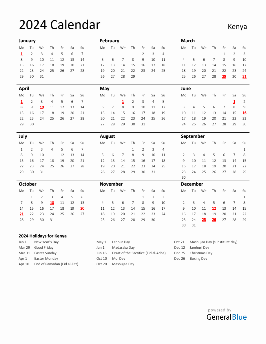 Standard Holiday Calendar for 2024 with Kenya Holidays