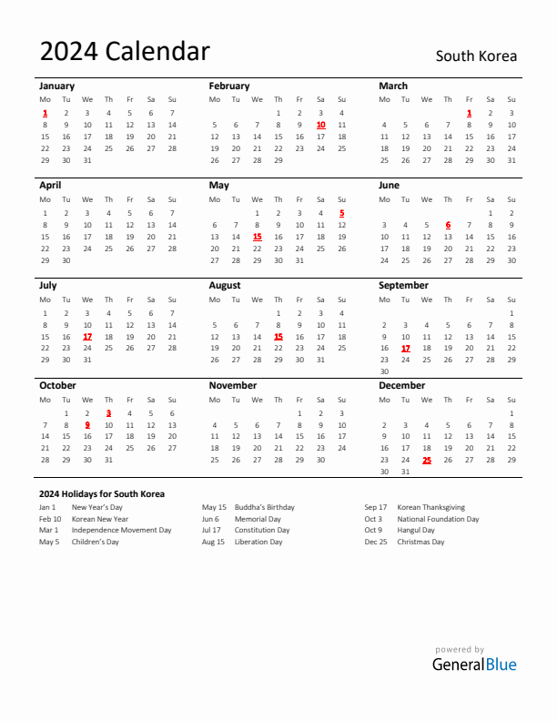 Standard Holiday Calendar for 2024 with South Korea Holidays 