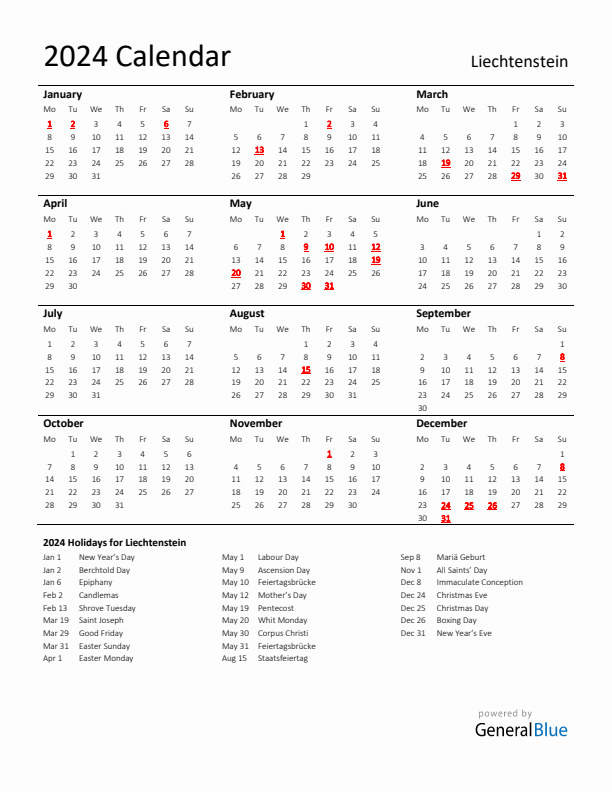 Standard Holiday Calendar for 2024 with Liechtenstein Holidays 