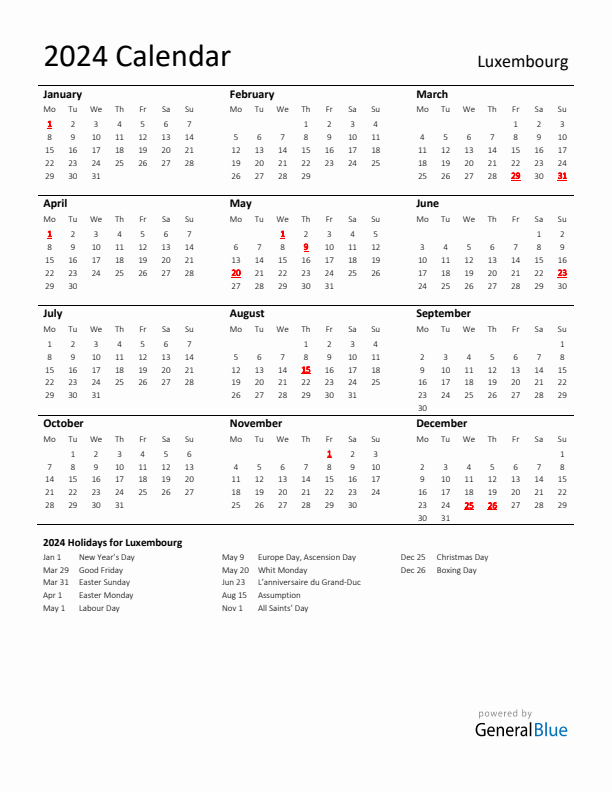 Standard Holiday Calendar for 2024 with Luxembourg Holidays 
