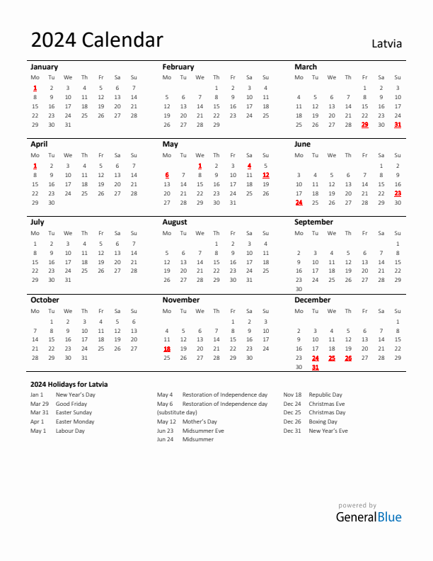 Standard Holiday Calendar for 2024 with Latvia Holidays 