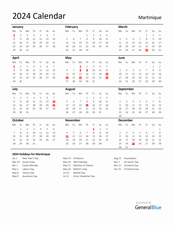 Standard Holiday Calendar for 2024 with Martinique Holidays 
