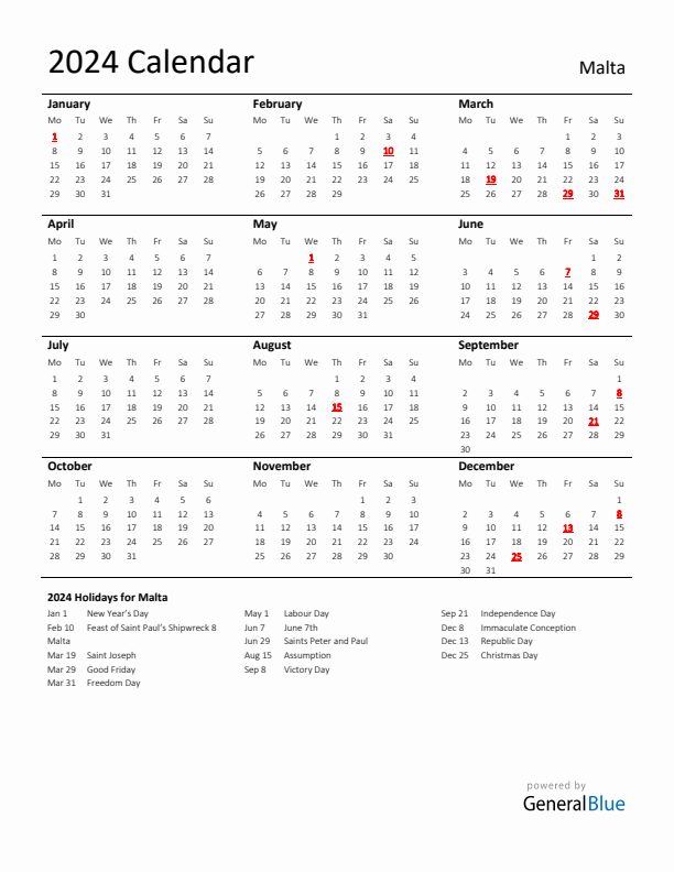 Standard Holiday Calendar for 2024 with Malta Holidays 