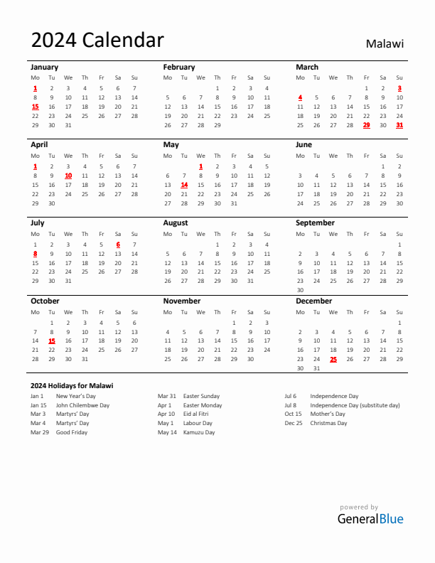 Standard Holiday Calendar for 2024 with Malawi Holidays 