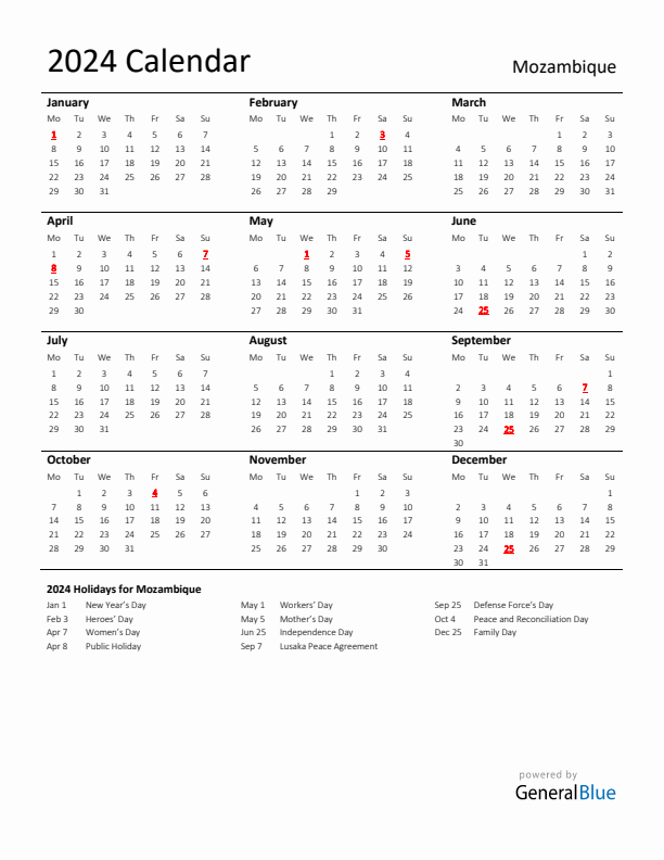 Standard Holiday Calendar for 2024 with Mozambique Holidays 
