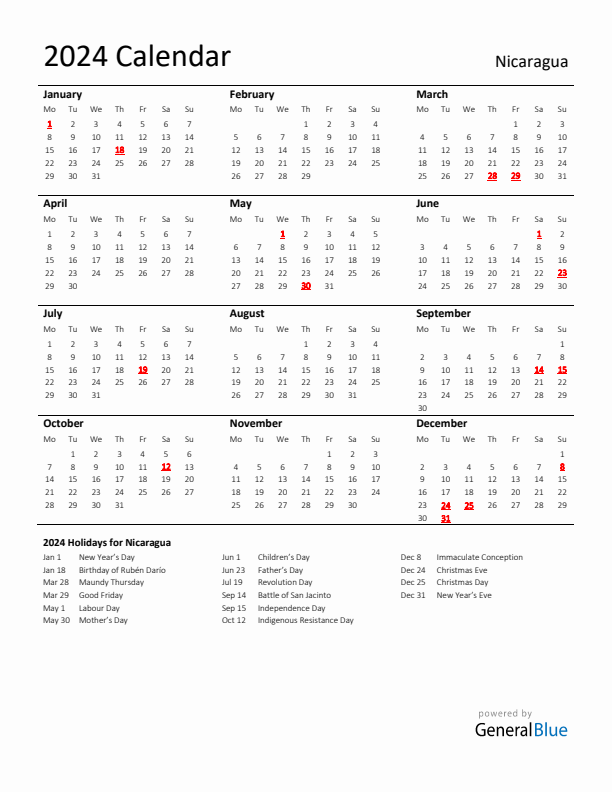 Standard Holiday Calendar for 2024 with Nicaragua Holidays 