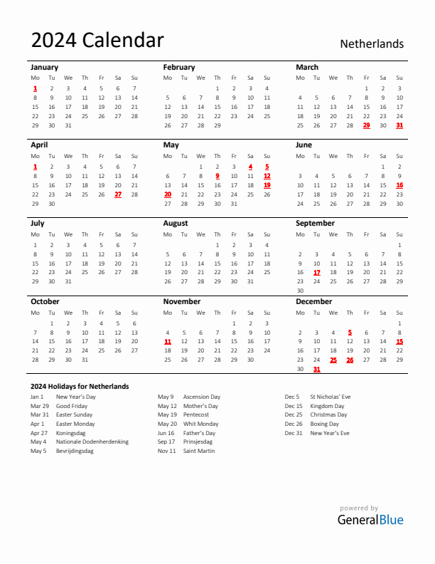 Standard Holiday Calendar for 2024 with Netherlands Holidays