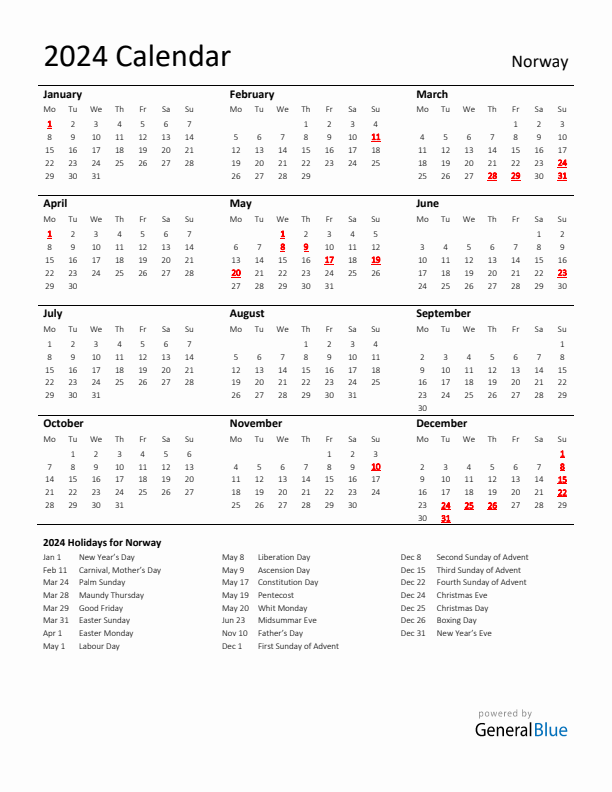 Standard Holiday Calendar for 2024 with Norway Holidays 