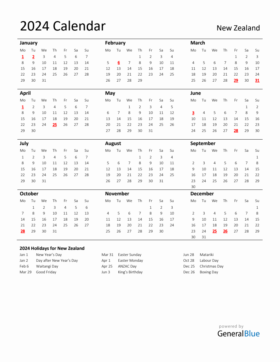 Standard Holiday Calendar for 2024 with New Zealand Holidays