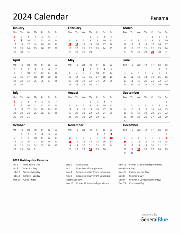 Standard Holiday Calendar for 2024 with Panama Holidays 